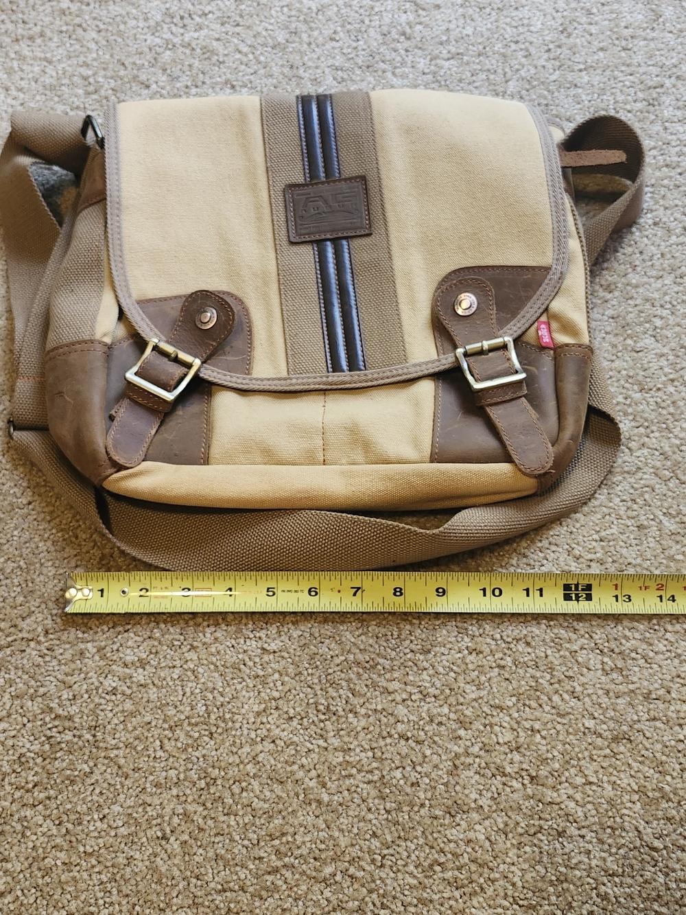 Canvas Messenger Bag in Tan with Brown Leather Trim